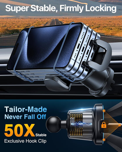 YRU Car Phone Holder [2025 Upgraded Metal Hook Clip], Phone Holders for Your Car [No Fear of Bumps] Air Vent Cellphone Mount Widely Compatible with iPhone16 15 14 13 12 Samsung Android, Grey
