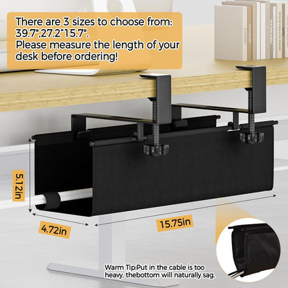 Under Desk Cable Management Tray 15.7" - No Drill Computer Wire Organizer Cable Tray, Cord Hider Clamp Mount with 16X Cable Ties PC Cables Management Cord Holder for Office/Home (Upgrade Fabric,Black)