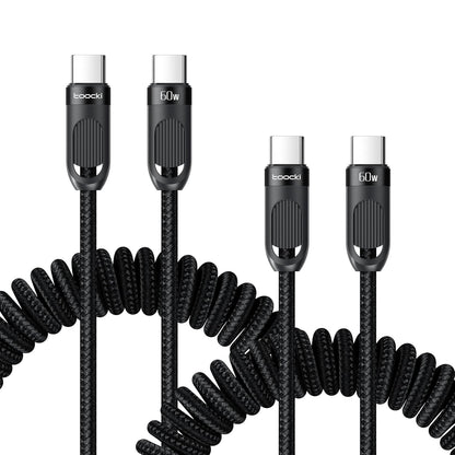 Coiled USB C to USB C Cable 2Pack 3FT Braided Retractable Fast Charging Cable for Car, Compatible with iPhone 16/15 Pro Max/Galaxy S24/S23/S22, Supports Car Play & Android Auto-Black