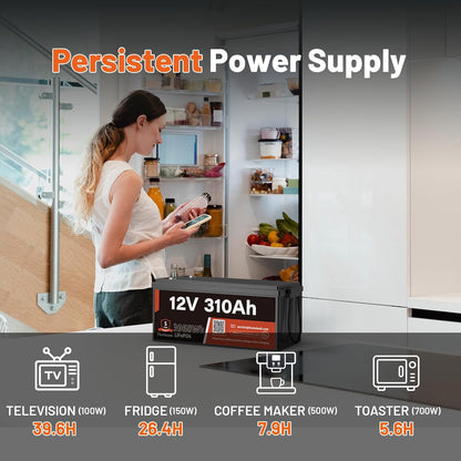 12V 310Ah LiFePO4 Lithium Battery 2PCS– Max. 3968Wh, 15000+ Deep Cycle Battery with 100A BMS, Low-Temp Cutoff | A+ Grade Cells for Marine, Trolling Motor, Off-Grid Home Energy Storage, Van Life