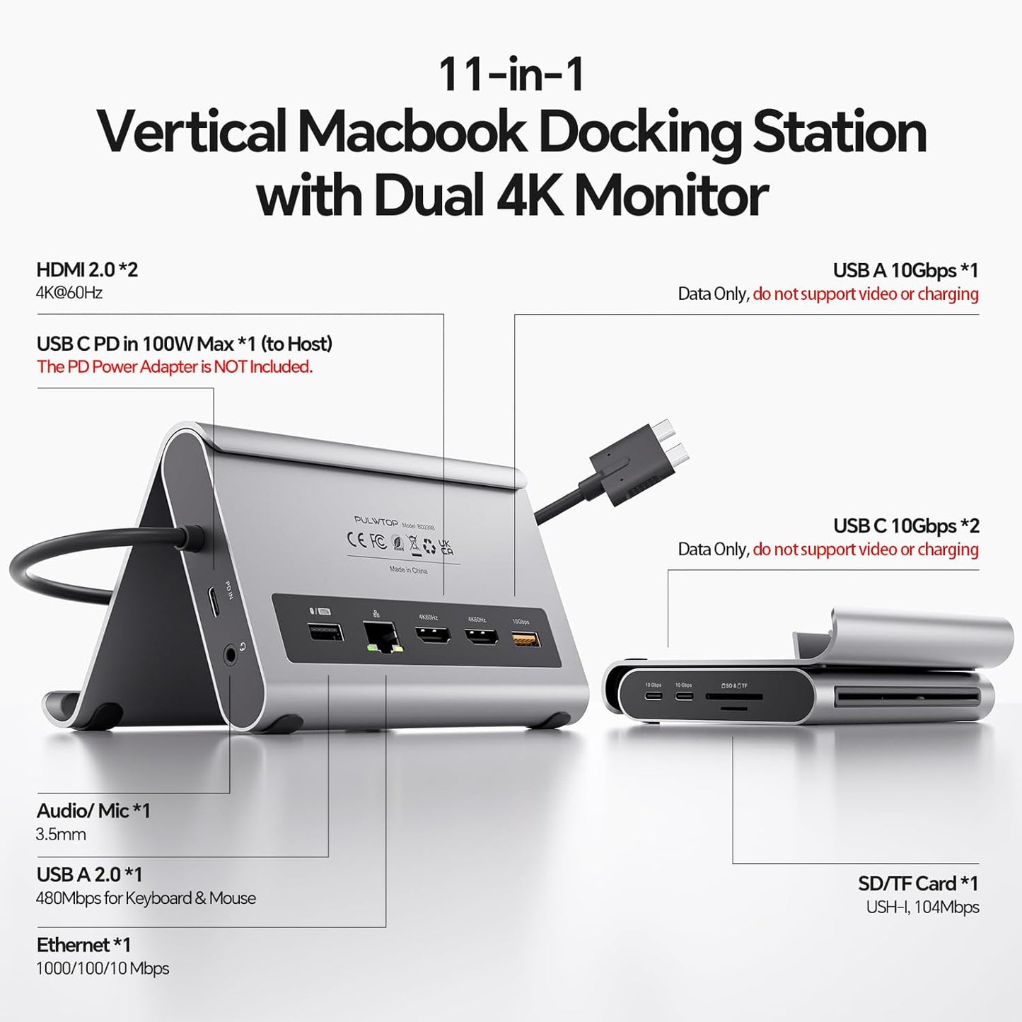 MacBook Pro Docking Station Dual Monitor 4K@60Hz for MacBook Pro/Air M3 Pro/M4, PULWTOP USB C Docking Station Stand Laptop Dock with 2 HDMI, PD, Ethernet, USB A/C 10Gbps, Audio, SD/TF, USB 2.0