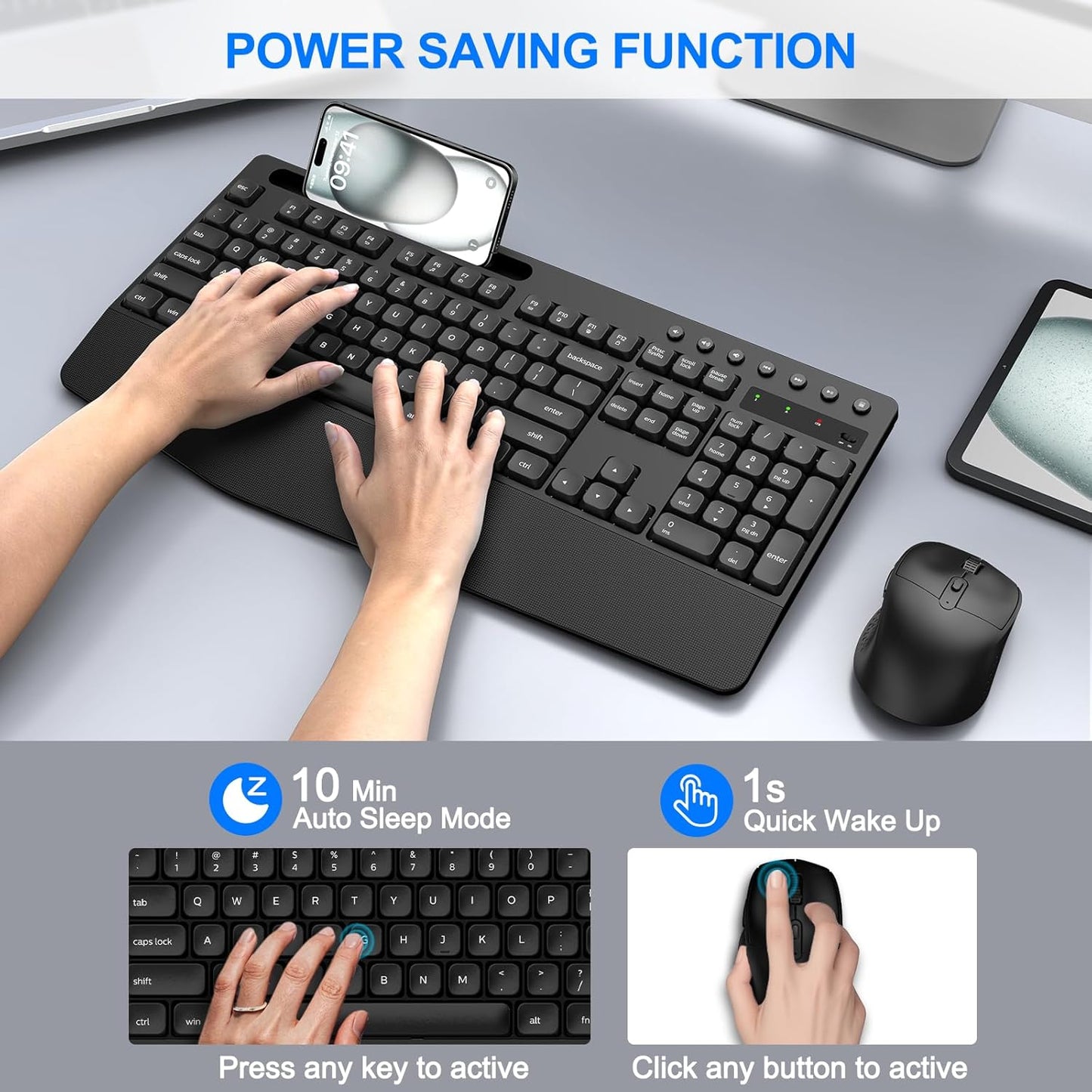 EDJO Wireless Keyboard and Mouse Combo, Full-Size Ergonomic Wireless Computer Keyboard with Wrist Rest, Phone Holder, Sleep Mode, Comfortable Natural Typing Set for Windows, Laptop, Mac, PC