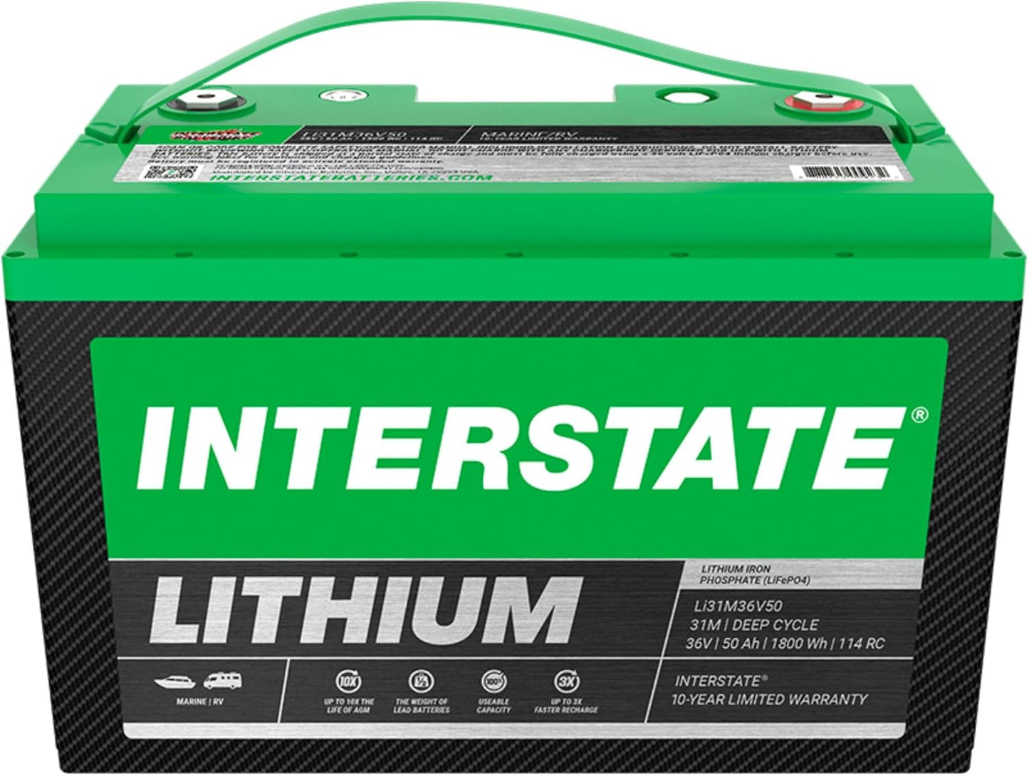 Interstate Batteries 36V 50Ah Group Size 31M Lithium Marine/RV Deep Cycle LiFePO4 Battery, Maintenance Free, Lightweight, Ideal For Boats, Trolling Motors, RV Camping, Off-Grid, Yachts (Li31M36V50)