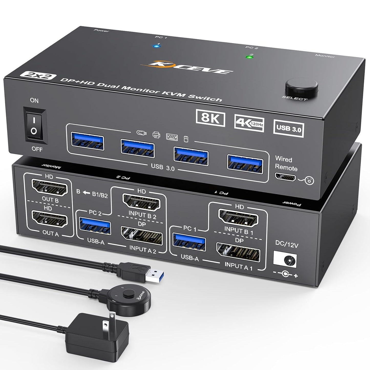 KVM Switch 2 Monitors 2 Computers 8K@60Hz/4K@144Hz, HDMI Displayport KVM Switches for 2 PC Sharing Dual Monitor and Keyboard Mouse with Power Adapter, Wired Extend Controller and USB3.0 Cables