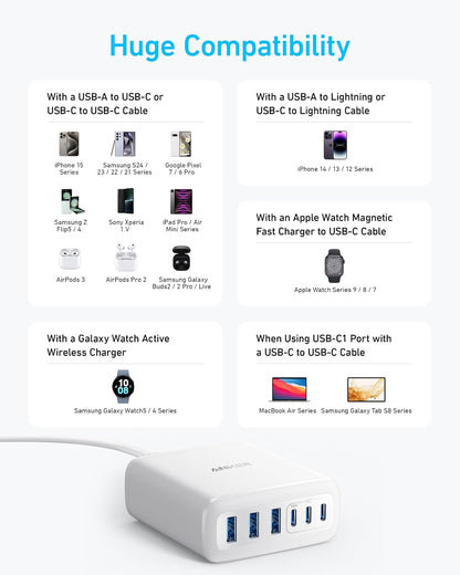 Anker Desktop Charger, Fast Charging USB C Charger, 112W Max 6-Port Charging Station, for iPhone, iPad, MacBook, Samsung and More (Cable Not Included)