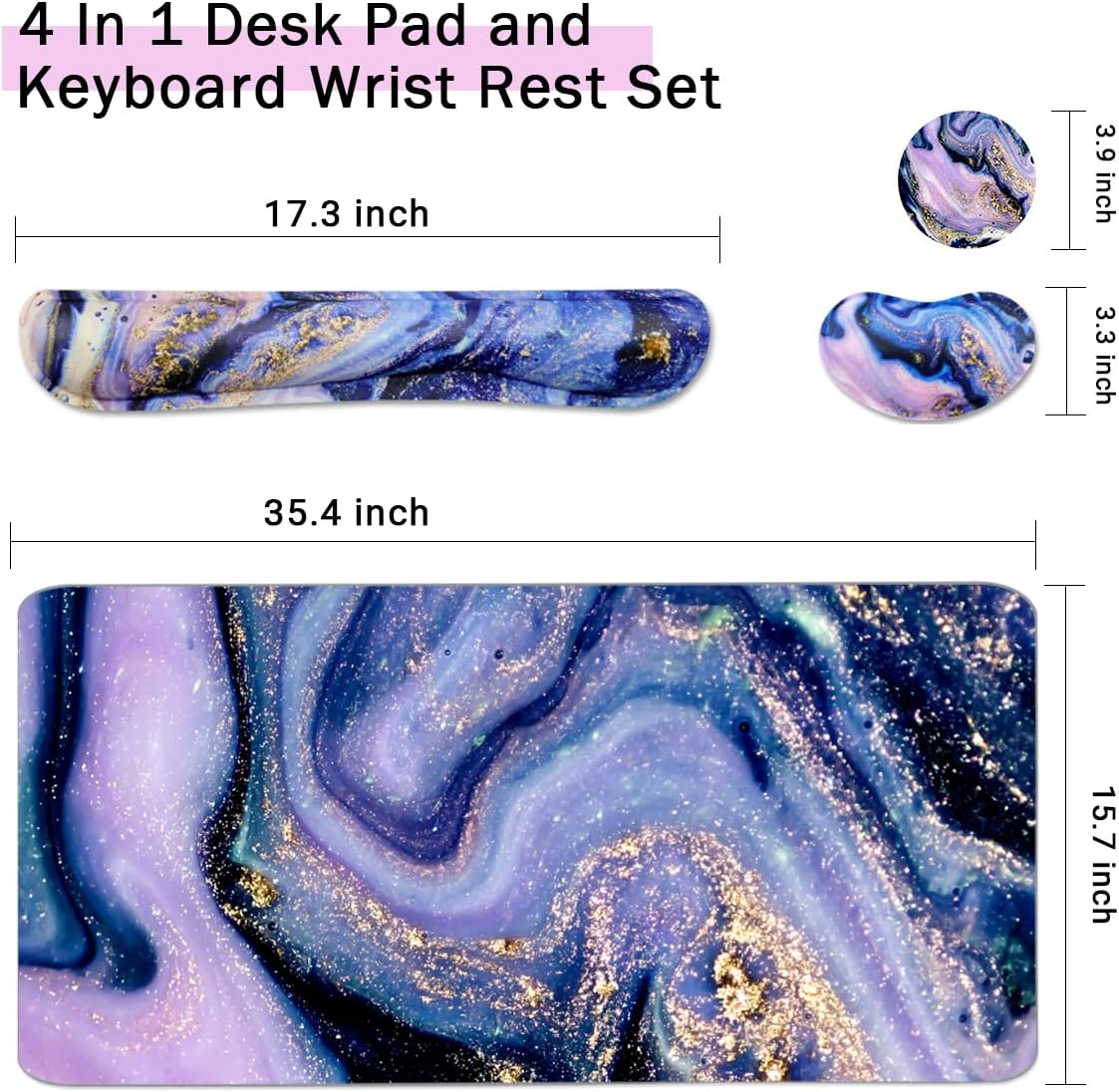 4-in-1 Large Gaming Mouse Pad and Keyboard Wrist Rest, Desk Pad for Keyboard and Mouse, Non-Slip Desk Mat for Home Office Study Game-Purple Marble