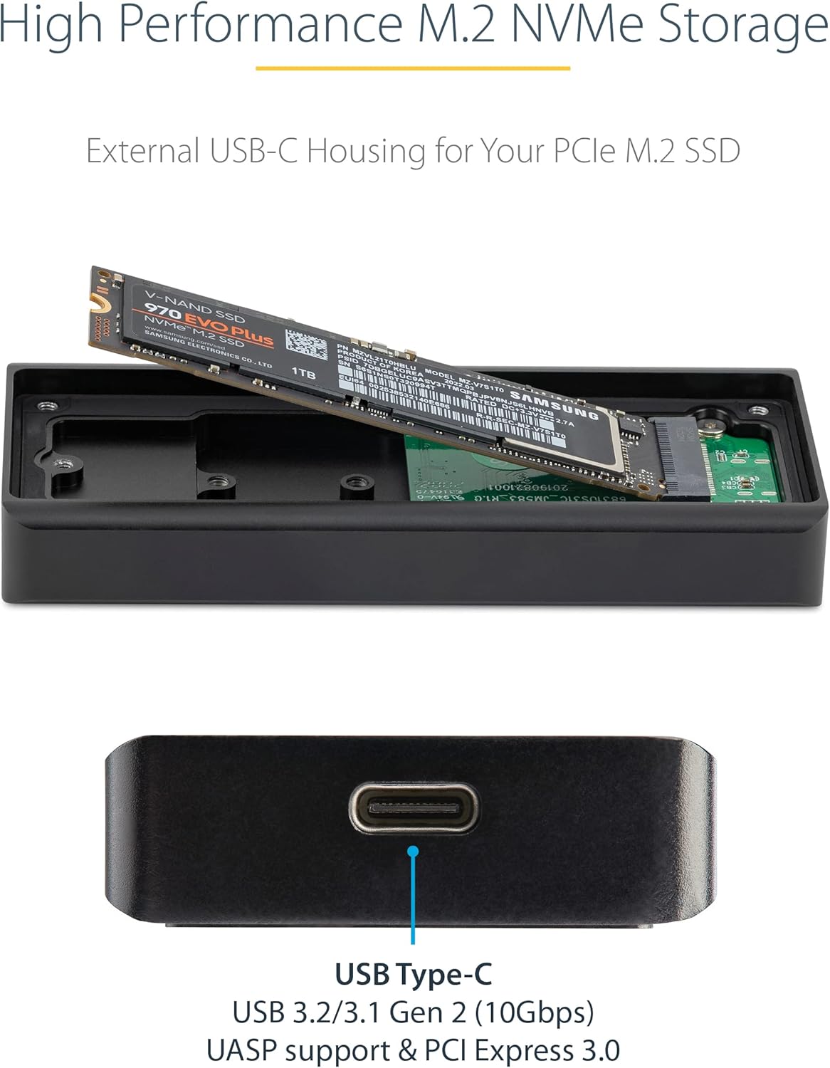 StarTech.com USB-C 10Gbps M.2 NVMe PCIe SSD Enclosure - Rugged Aluminum External M.2 PCIe M-Key Case IP67 Rated - 1GB/s Read/Write - Supports 2230/2242/2260/2280 - TB3 Compatible - Mac/PC, TAA