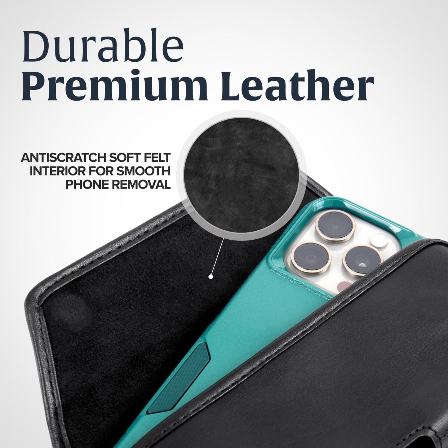 Turtleback Belt Clip for iPhone 16 Pro, 16e, 15 pro 14 Pro 13 Pro -Medium- Fits w/Shockproof Commuter Style Cases, Premium Black Leather, Horizontal Belt Holder, Magnetic Closure HD Rotating Clip