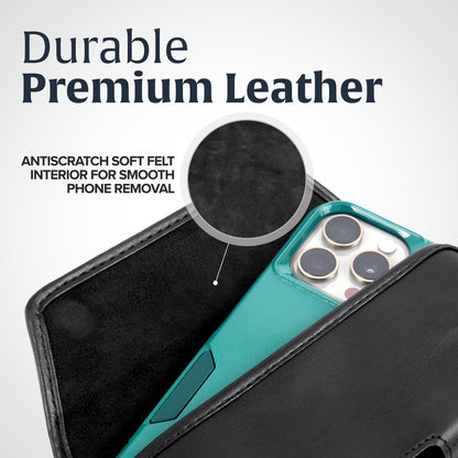 Turtleback Belt Clip for iPhone 16 Pro, 16e, 15 pro 14 Pro 13 Pro -Medium- Fits w/Shockproof Commuter Style Cases, Premium Black Leather, Horizontal Belt Holder, Magnetic Closure HD Rotating Clip