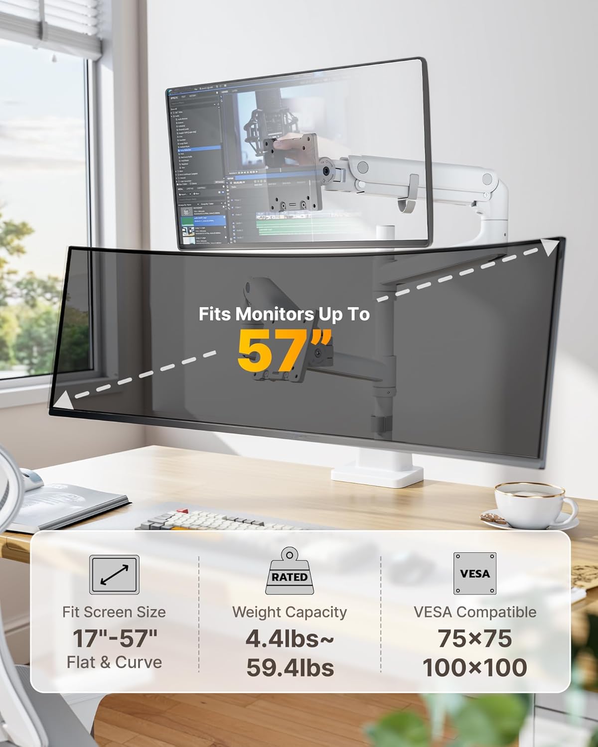 monTEK Dual Monitor Arm for up to 57" and 59.4 lbs Ultrawide Screen, Aluminum Heavy-Duty Gas Spring Vertical Stackable Curved Screen Adjustable Monitor Stand, 75/100mm Vesa Mount, White