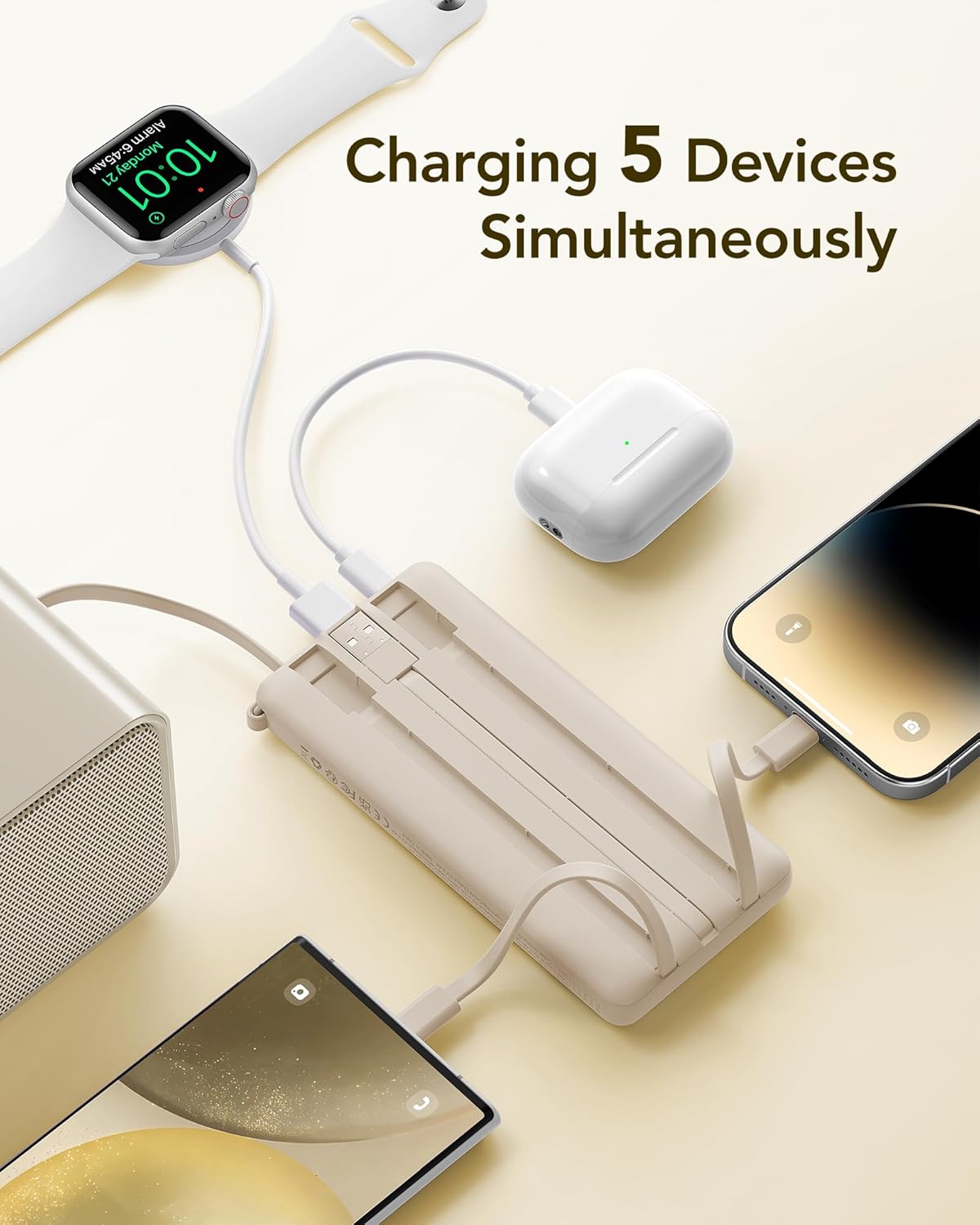 VRURC Portable Charger Power Bank,10000mAh Travel Essentials Battery Pack, 5 Outputs 2 Inputs Slim USB C Charging Bank Built-in Cables Cords Compatible with iPhone,Samsung,Android-Light Coffee(1 Pack)