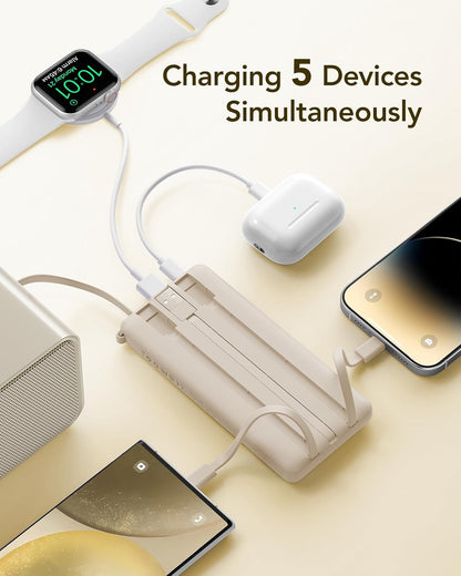 VRURC Portable Charger Power Bank,10000mAh Travel Essentials Battery Pack, 5 Outputs 2 Inputs Slim USB C Charging Bank Built-in Cables Cords Compatible with iPhone,Samsung,Android-Light Coffee(1 Pack)