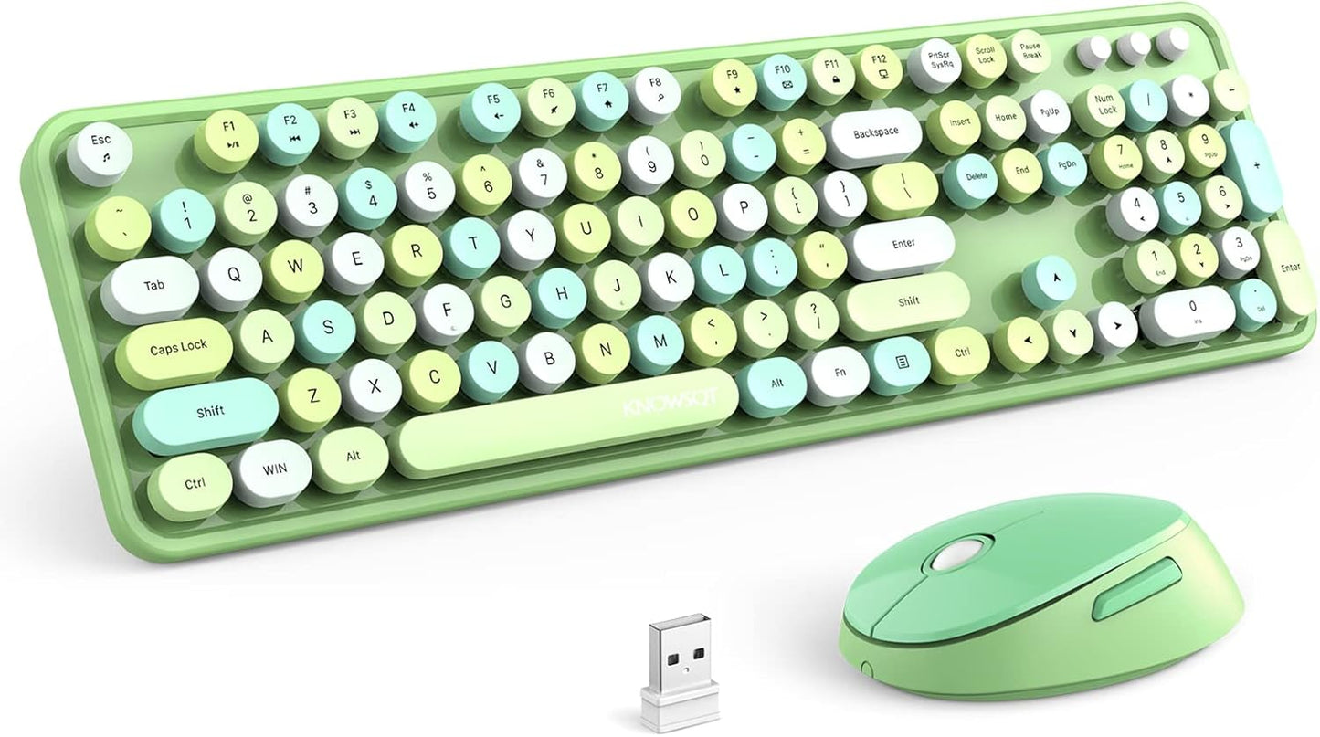 KNOWSQT Wireless Keyboard and Mouse Combo, Green Colorful 2.4G Typewriter Full-Size Retro Keyboards - USB Receiver Plug and Play, for Computer, PC, Laptop, Desktop, Windows