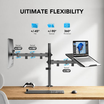 HUANUO Adjustable Monitor Stand, Single Arm Desk Mount for 32 inch Screen and 17 inch Laptop, Heavy Duty Ergonomic Bracket Holds 22lbs