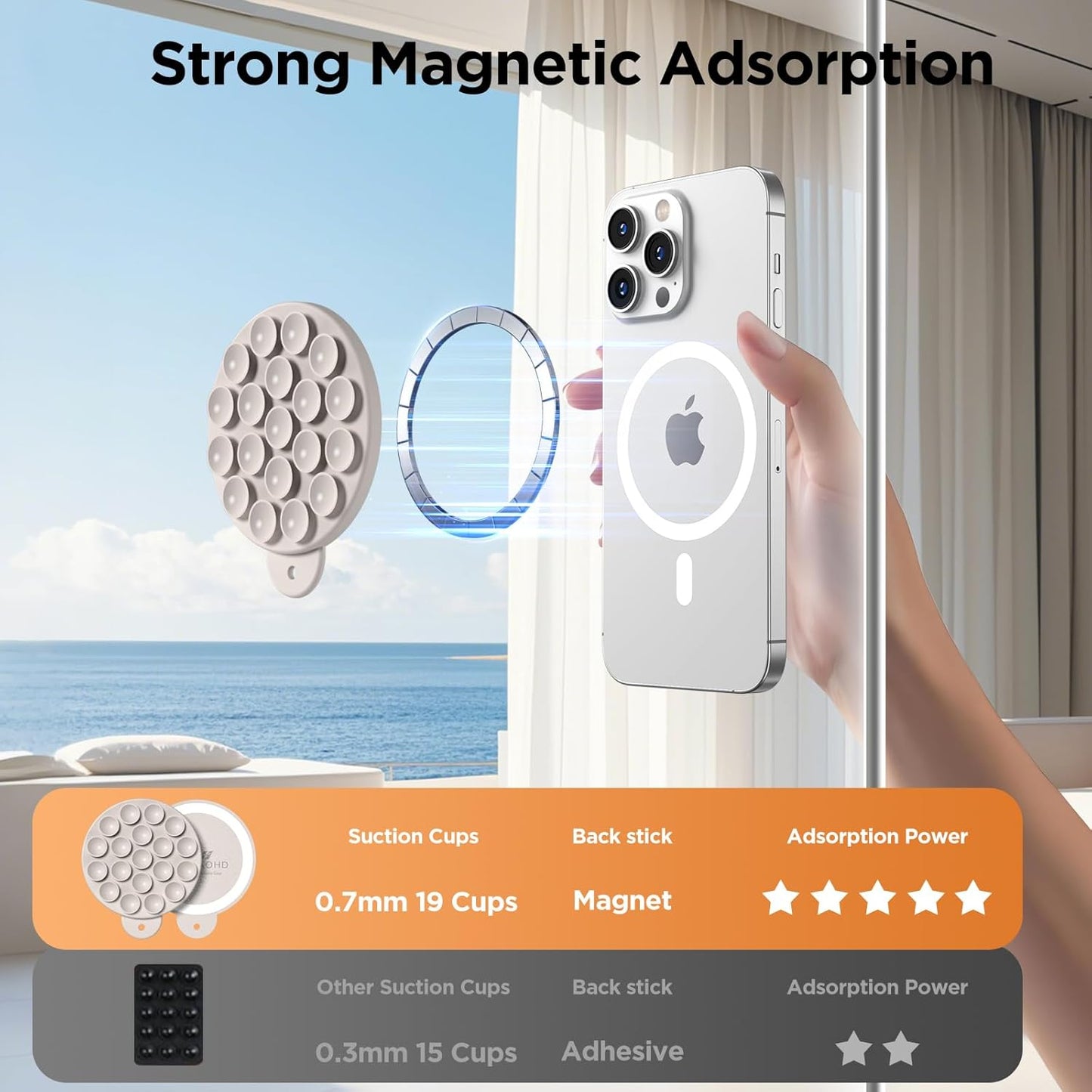 Magnetic Suction Cup Phone Mount for MagSafe Case, Silicone Hands-Free Grip Holder for iPhone and Android, Mirror Shower Phone Stand for Makeup FaceTime Gym Kitchen Bathroom, Stone