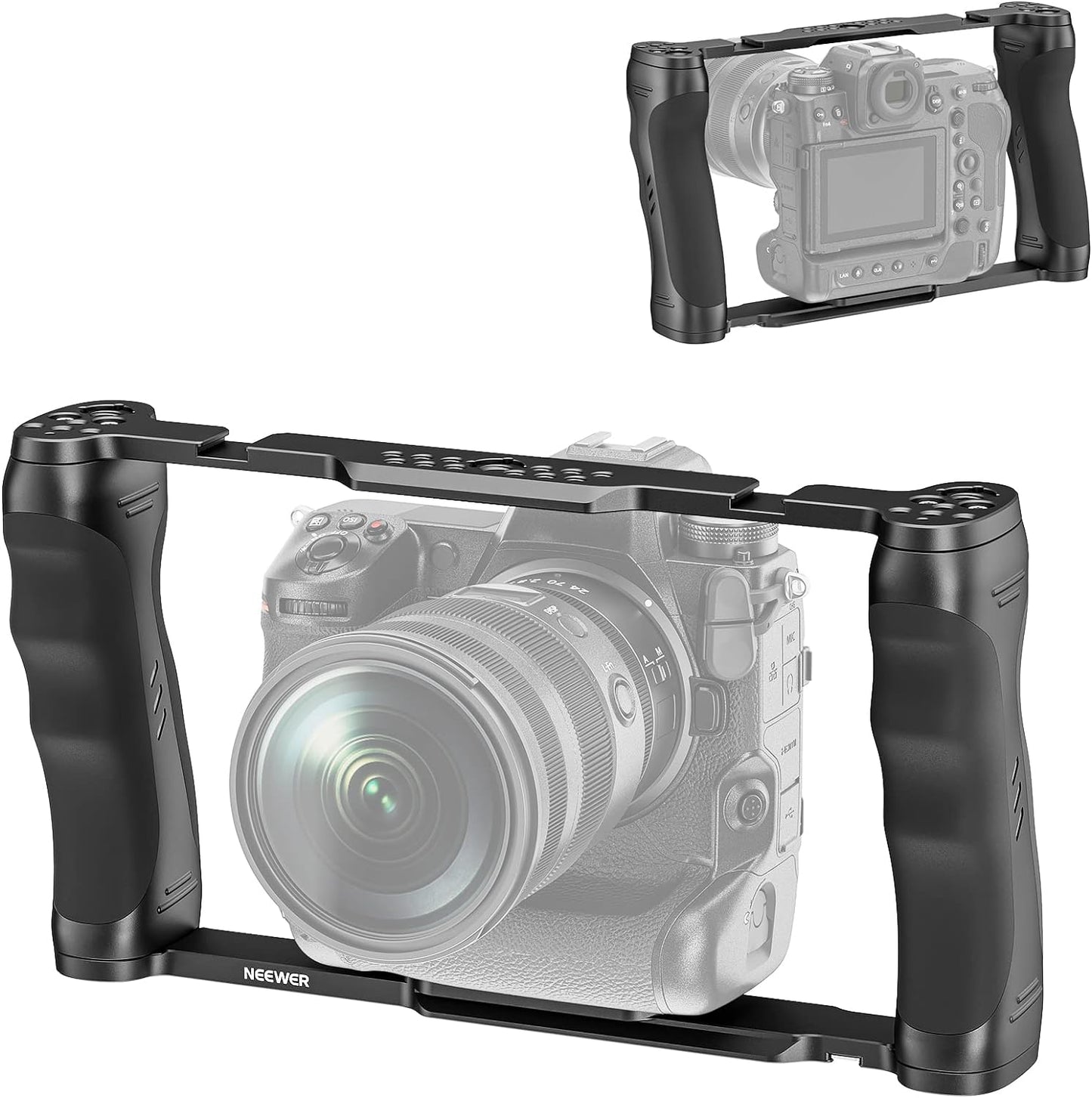 NEEWER Video Camera Cage Rig with Arca Type Base/Dual Grips/Expansion Holes/15mm Rods, Universal Stabilizer Compatible with Sony Canon Nikon DSLR/DSLM, Compatible with SmallRig Accessories, CA016