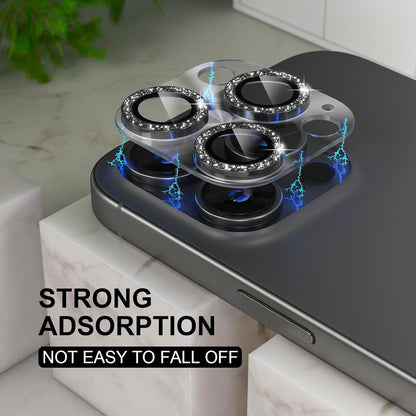 Choiche Compatible for iPhone 16 Pro/iPhone 16 Pro Max Camera Lens Protector, Bling Camera Cover with 9H Tempered Glass Lens Screen Protector Metal Ring Decoration Accessories(Clear-Black)