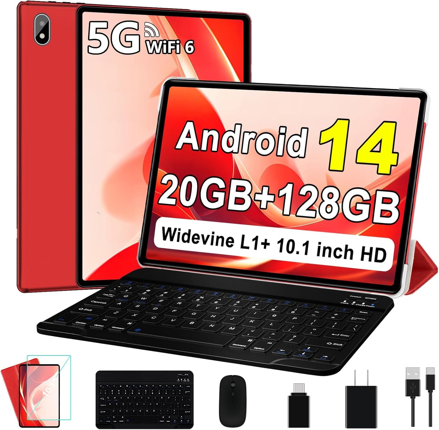 Android 14 Tablet 10 Inch Tablets, 20GB+128GB/1TB Expandable, Tablets with Octa-Core, WiFi 6, Dual Camera, BT 5.0, 6000mAh Battery, HD IPS Display, Widevine L1, Tablet with Keyboard Mouse - Red