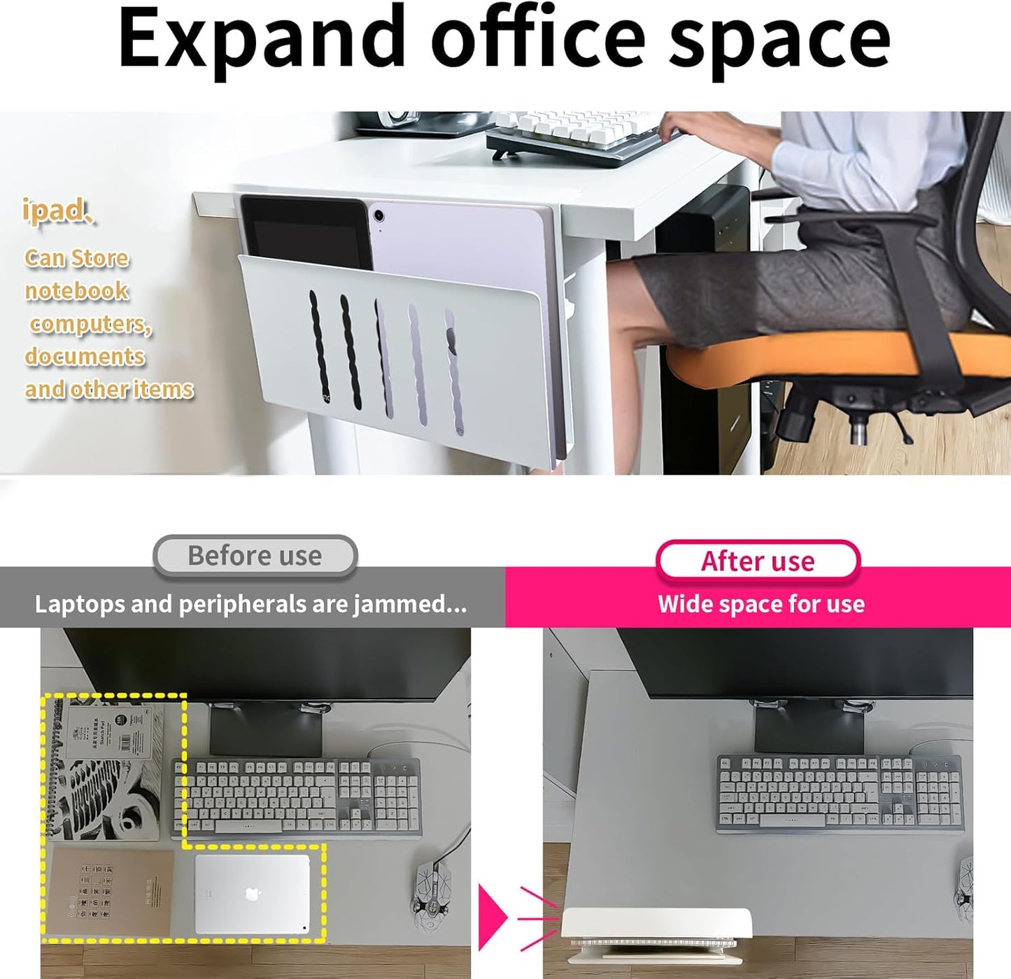Desk Side Storage, Under Desk Storage, No Drill Steel Hanging Desk Organizer, Laptop Holder, Desk Storage Holder for Office & Home.(White)