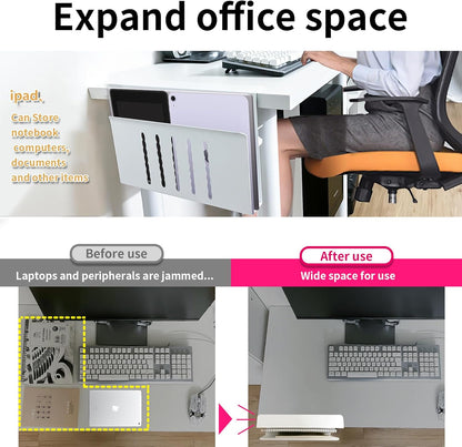 Desk Side Storage, Under Desk Storage, No Drill Steel Hanging Desk Organizer, Laptop Holder, Desk Storage Holder for Office & Home.(White)