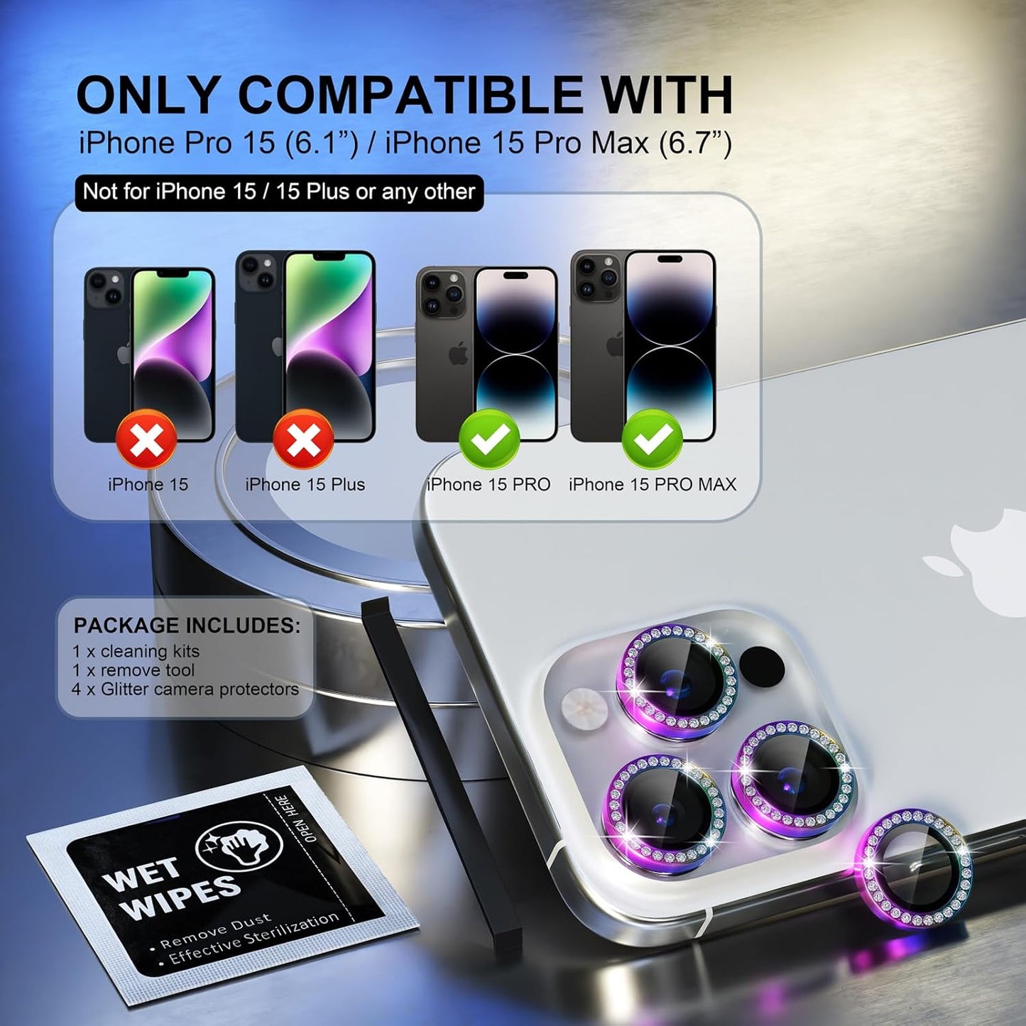 Choiche Compatible for iPhone 15 Pro/iPhone 15 Pro Max Camera Lens Protector Bling, 9H Tempered Glass Camera Cover Screen Protector Metal Ring Decoration Accessories (Diamond-Colorful)