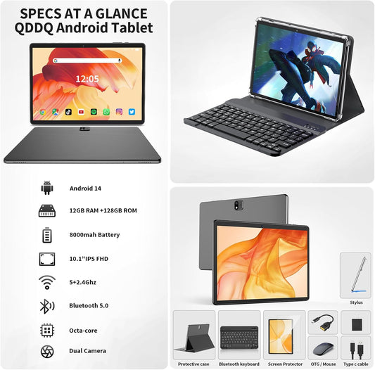 Android Tablet with Keyboard, Android 14 Tablet, 12(6+6) GB+128GB, 1TB Expand, 2 in 1, Mouse, Stylus, 8000mAh Battery, 2.4G/5G WiFi, GPS, Silver Case