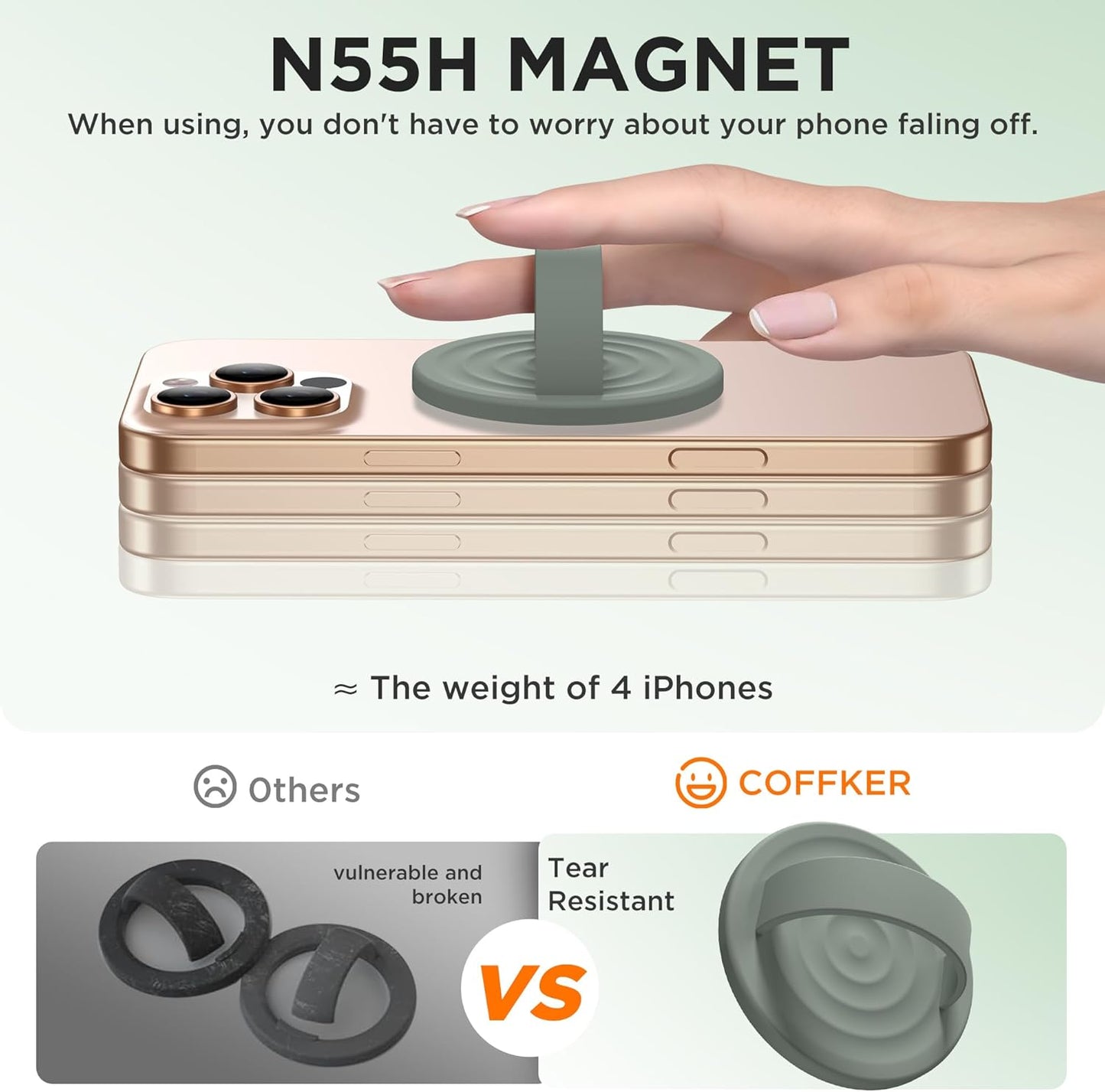 Magnetic Phone Ring Grip Holder, Silicone Finger Loop Grip, Compatible with MasSafe, Back of Phone for iPhone Pro Max/Plus/16/15/15/14/13/12 Series, Calke Green