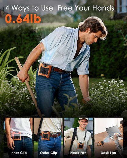 Portable Waist Fan Clip on, Personal Wearable Belt Fan 10000mAh Rechargeable Battery Under Shirt,5 Speeds with light, Neck Fan Hands-Free Cooling For Outdoor Camping Travel (Orange)