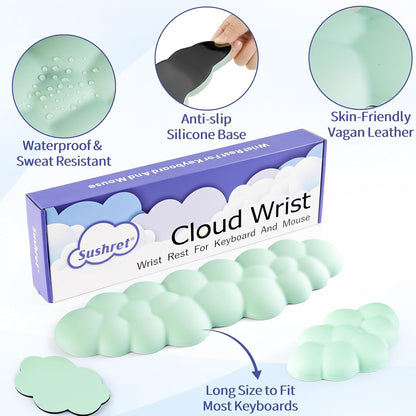 Cloud Wrist Rest Keyboard, Cloud Keyboard Wrist Pad Set with PU Leather Memory Foam, Cute Arm Rest for Palm Support, PC/Gaming Desk Accessories/Office Setup/Computer Hand Cushion - Light Green