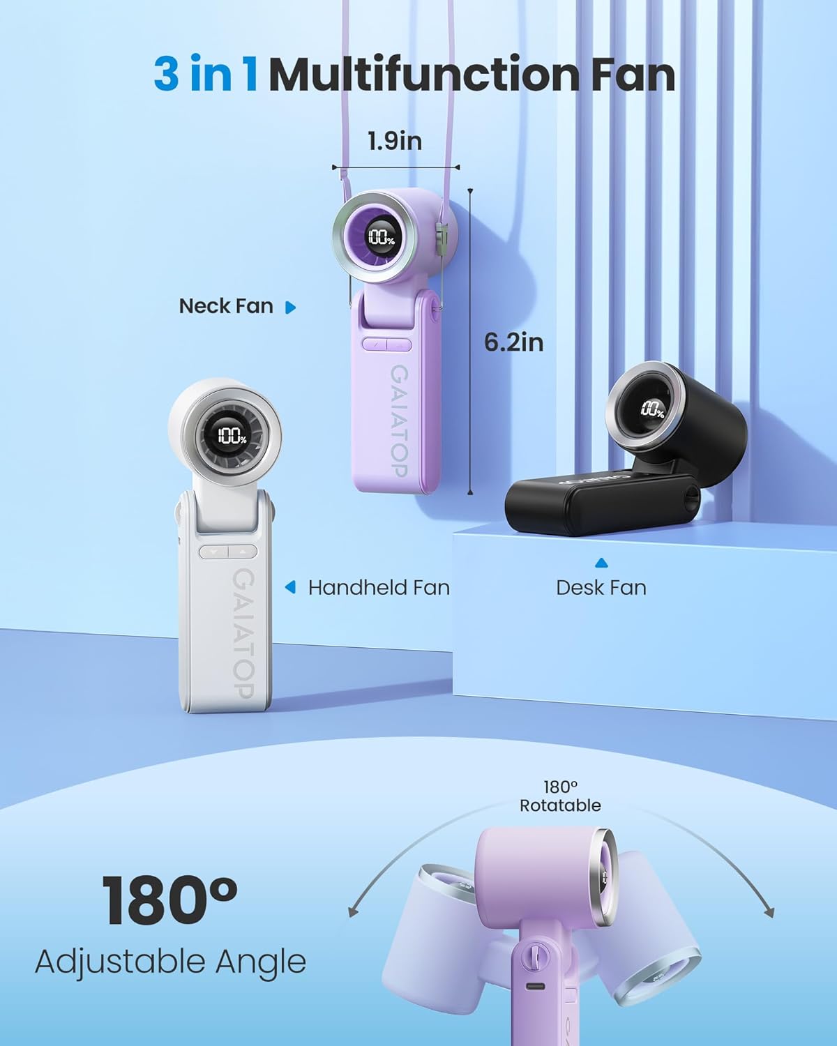 Gaiatop Portable Handheld Mini Fan, 21 Working Hours 6 Speeds, Rechargeable Battery Operated, 180° Foldable with LED Display, Small Desk Personal Fan for Women Gifts Travel, Working- Purple