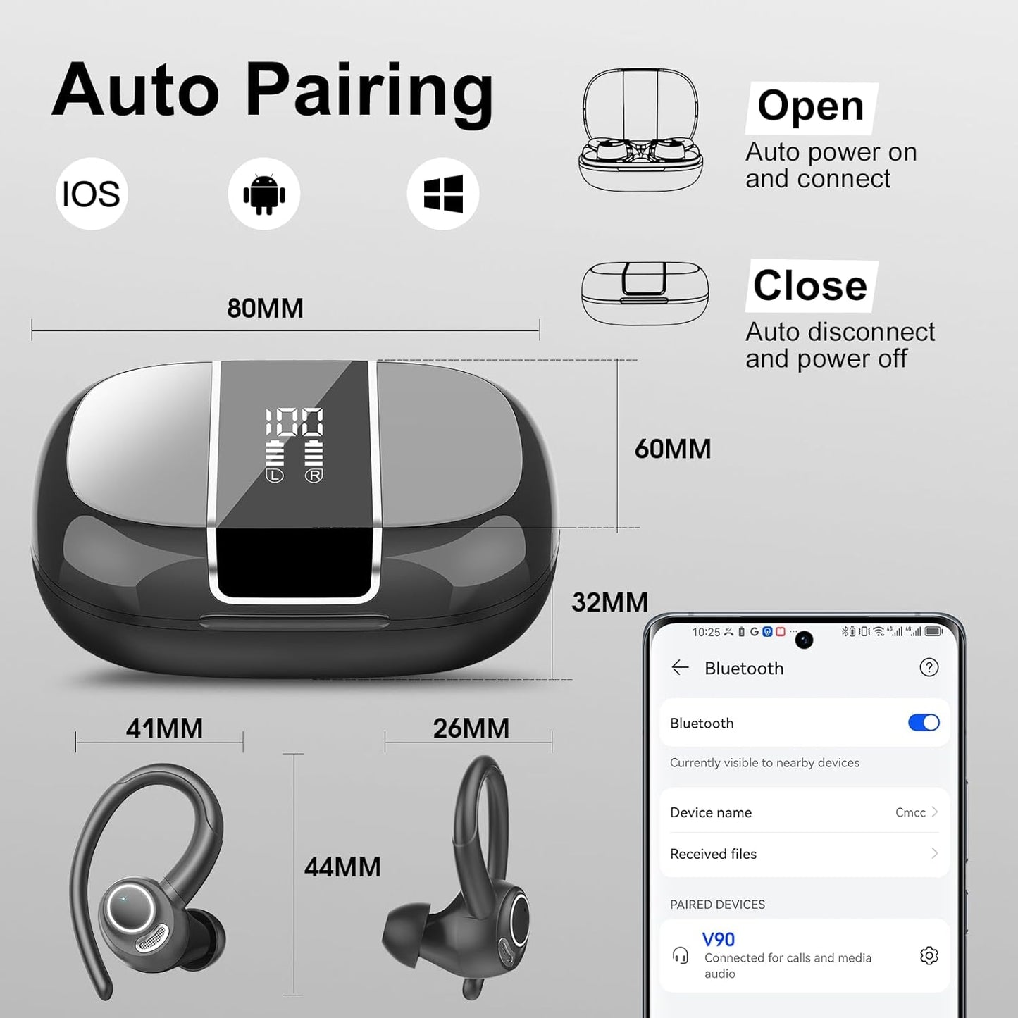 Wireless Earbuds Bluetooth 5.3 Headphones Sports, 48Hrs Playtime Bluetooth Earbuds with CVC 8.0 Mic, Stereo Bass Over Ear Bud with Earhooks, LED Display, IP7 Waterproof Earphon for Running Gray