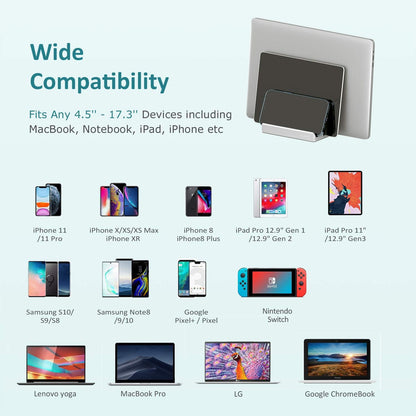 Vertical Laptop Stand - SPACEMax Adjustable GRIPLock Anti-Tip Silicone 4 Slots Aluminum Desktop Holder - Double Dock Stand - 2 Phone Slots Fits Up to 17.3” Laptops, Tablets, Phones - Silver