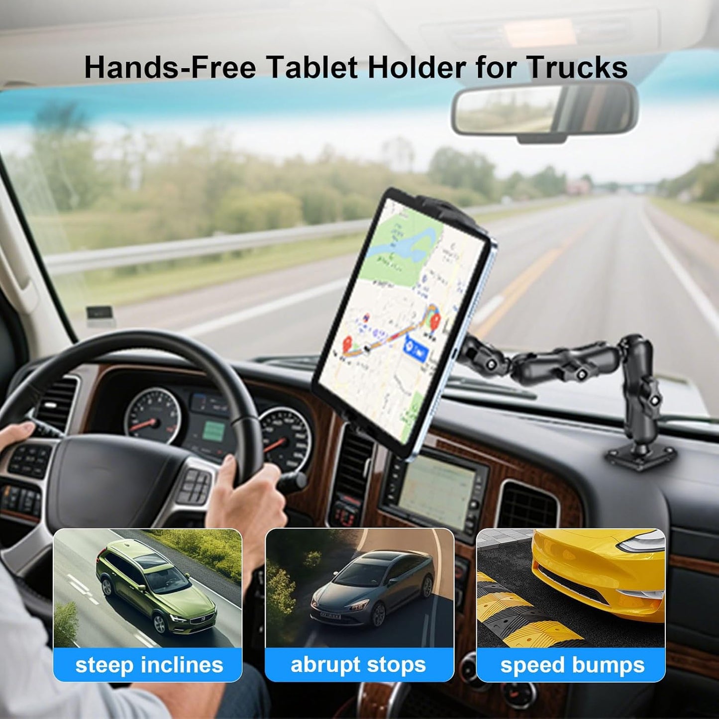 PLDHPRO Tablet Holder for Car Dashboard Heavy Duty Drill Base 360° Adjustable 3-Stage Stand Dash Mount Compatible with iPad, Galaxy Tab, Fire HD, 5.1-15.6'' Phone Tablets for Truck Wall Desk Vehicle