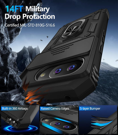 Taisairu for Google Pixel 9A Case with Screen Protector & Slide Camera Lens Cover, Built-in 360°Rotate Magnetic Ring Stand Shockproof Protective Phone Case for Google Pixel 9A Case (Black)