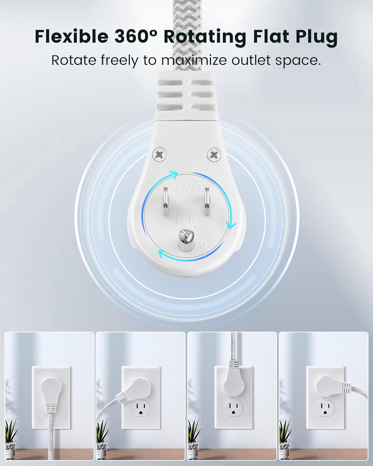 SURAIELEC Flat Extension Cord 3FT, 360° Rotating Flat Plug Extension Cord with 3 Outlets, Braided White Cord for Indoor Use, Small Space, Compact Areas, 16/3C SPT, ETL Listed, 2 Pack