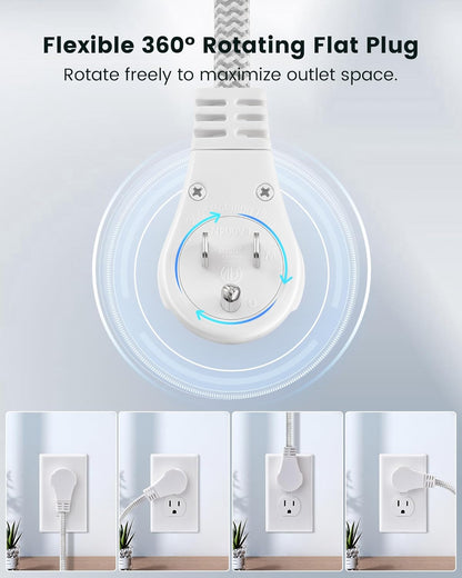 SURAIELEC 10FT 360° Rotating Flat Plug Extension Cord Flat Wall Plug with 3 Outlets, Braided Flat White Extension Cord for Indoor Use, Home, Office, 16/3C SPT, ETL Listed