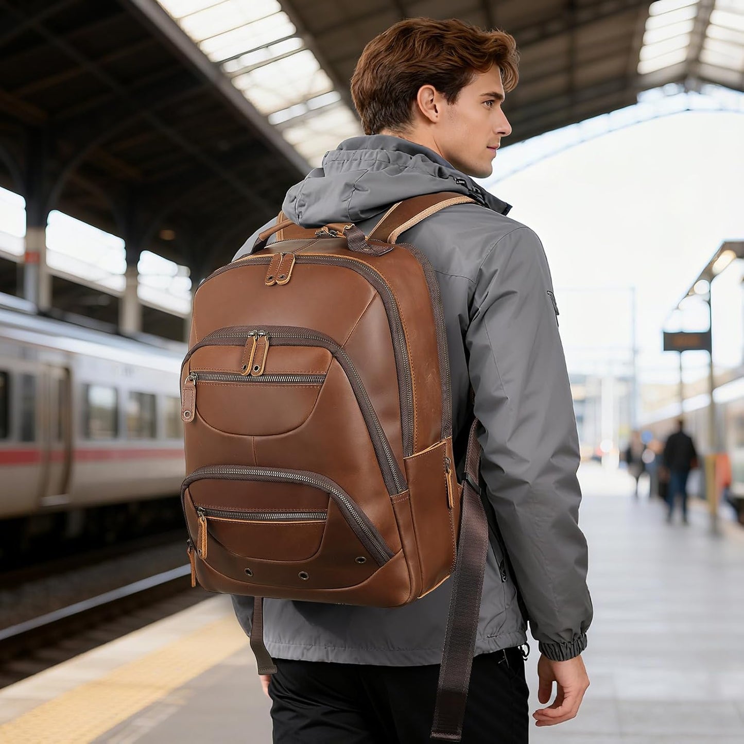 TIDING Brown Leather Travel Backpack for Men, Vintage 16 Inch Laptop Casual Daypack Business Camping Overnight Rucksack