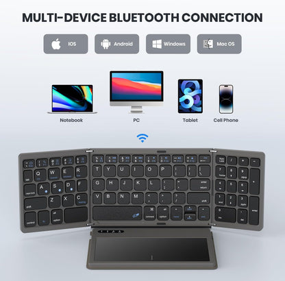 Foldable Bluetooth Keyboard with Large Touchpad, Numeric Keypad, PU Leather, Wireless Travel Keyboard for Windows, iOS, Android, Mac (Grey)