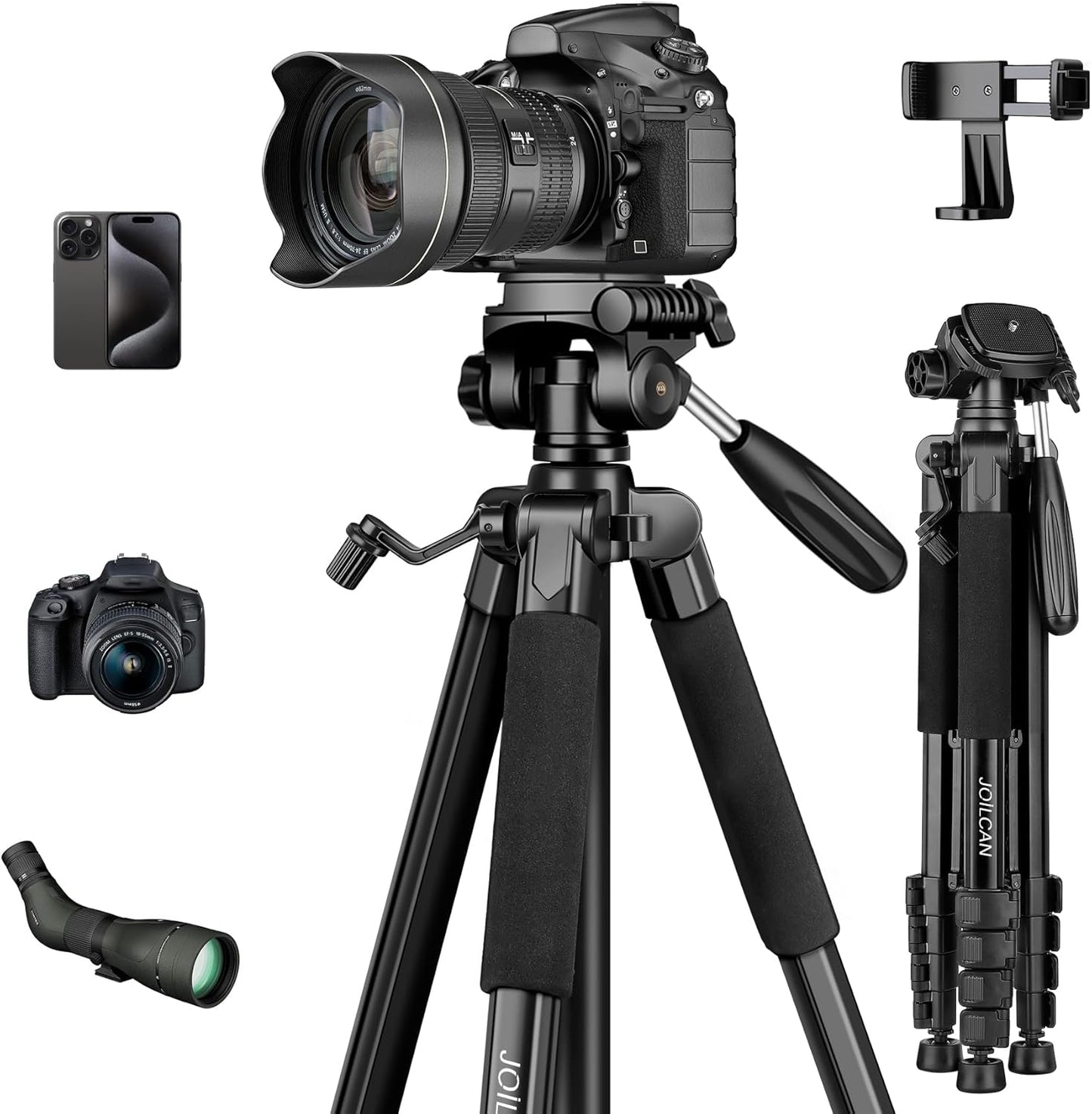 JOILCAN 75" Camera Tripod, Tripod for Camera Cell Phone, Aluminum Heavy Duty Tripods Stand, Tall Travel Tripods with Carry Bag Compatible with iPhone Canon Nikon DSLR Camera Laser Projector