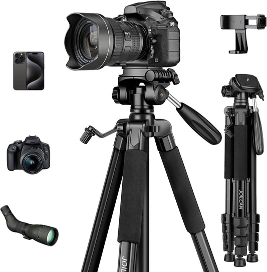 JOILCAN 75" Camera Tripod, Tripod for Camera Cell Phone, Aluminum Heavy Duty Tripods Stand, Tall Travel Tripods with Carry Bag Compatible with iPhone Canon Nikon DSLR Camera Laser Projector