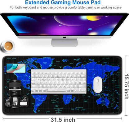 Gaming Mouse Pad, 31.5x15.7 inch Large Extended Computer Keyboard Mouse Mat, Water Resist Non-Slip Mousepad Rubber Base Long XXL Desk Mouse Pad for Work & Gaming, Office & Home, Blue Map
