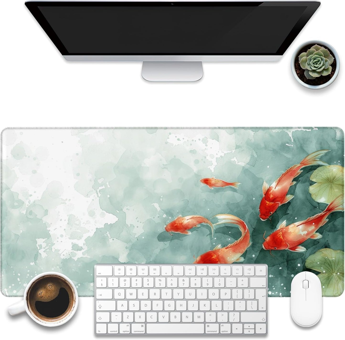 Desk Pad, Watercolor Koi Fish Desk Mat, Koi Fish in Pond Large Gaming Mouse Pad, 31.5"x15.7" Extended Big Computer Keyboard Mouse Pad with Non-Slip Base and Stitched Edge