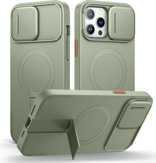 SURITCH for iPhone 13 Pro Max/12 Pro Max Case with Magnetic Camera Slide Cover and Adjustable Kickstand, Compatible with MagSafe, Shockproof Bumper Case Slim Protective Cover 6.7 Inch, Green