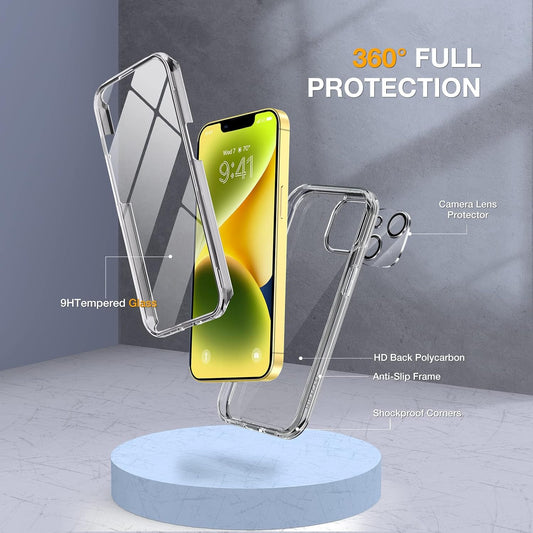 Miracase Glass Series Designed for iPhone 14 Plus Case 6.7 inch, 2023 Upgrade Full-Body Clear Bumper Case with Built-in 9H Tempered Glass Screen Protector and Camera Lens Protector,Clear