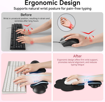 Cloud Wrist Rest for Computer Keyboard, 4-in-1 Memory Foam Leather Cloud Keyboard Wrist Rest and Mouse Pad Set with Ergonomic Support for Arm and Palm Cushion, Gaming/Work Setup, Black