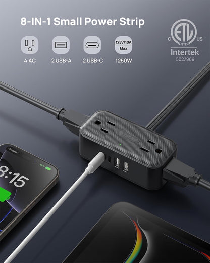 TROND 360° Rotating Flat Plug Power Strip, 3FT Extension Cord with 4 USB Ports, 4 Wide Spaced AC Outlets, Wall Mount, 900J Surge Protector for Office Travel Dorm Room Essentials, Black