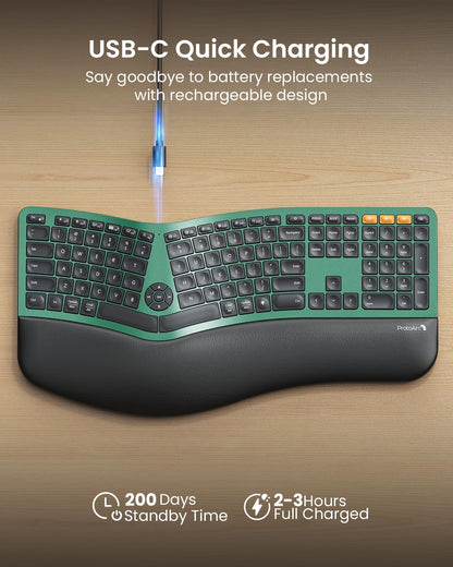 ProtoArc Backlit Bluetooth Ergonomic Keyboard, EK01 Plus Full Size Wireless Split Keyboard with Dual Bluetooth and USB, Cushioned Wrist Rest, Rechargeable, Compatible with Windows/Mac/Android, Green