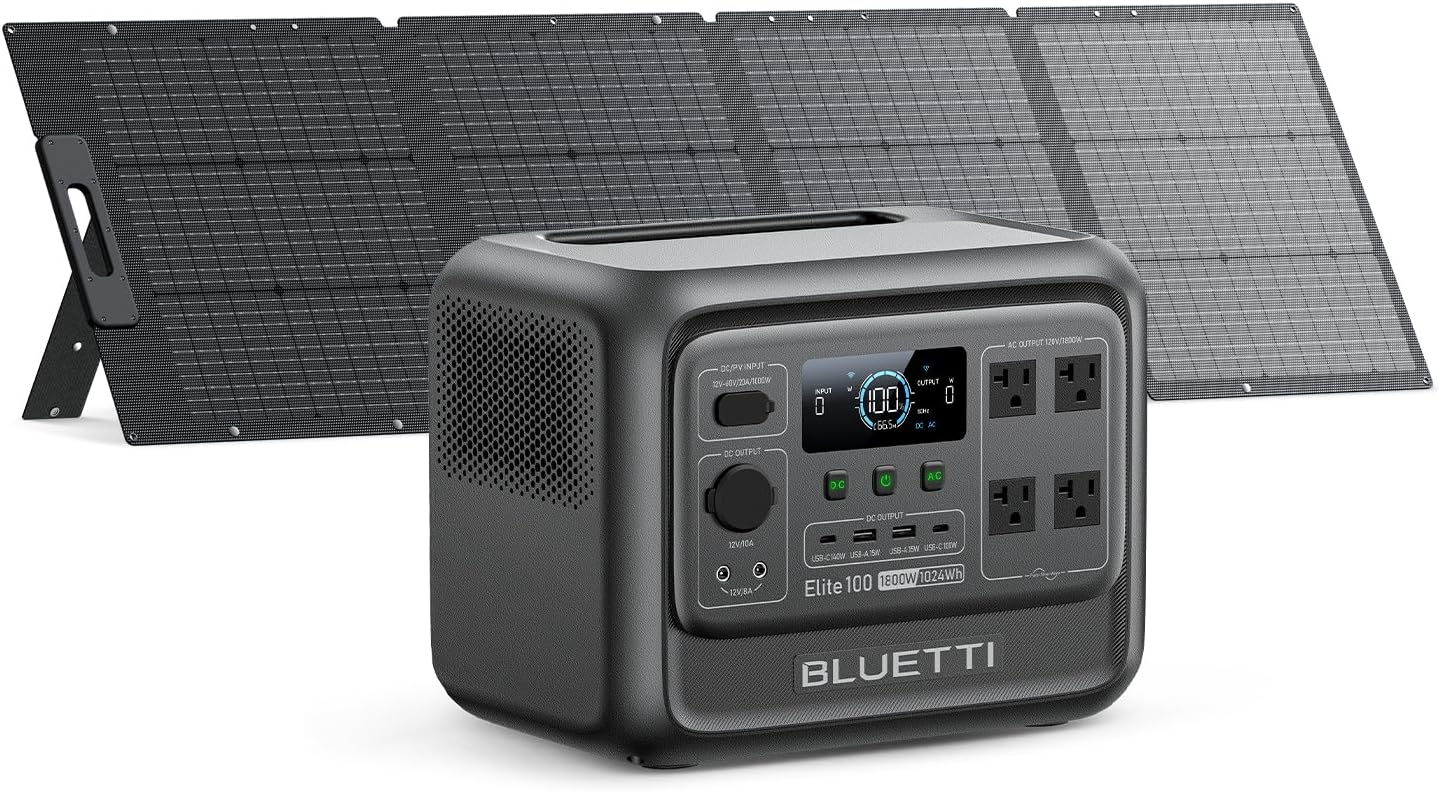 BLUETTI Elite 100 V2 Solar Generator with 200W Solar Panel (Ships Separately), Portable Power Station 1024Wh w/ 4 1800W AC Outlets, 35% Smaller, Ideal for Camping, Emergencies, Backup Power (2025 New)