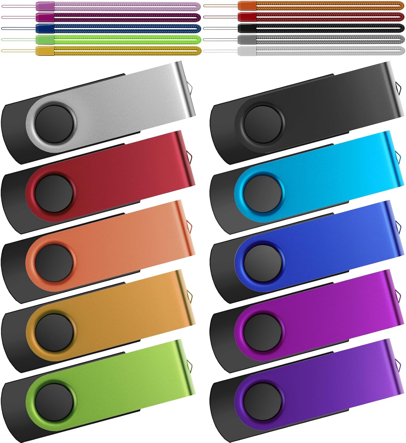 Kepmem 10 Pack Thumb Drive 32GB Flash Drives Bulk, Metal Swivel USB Drive 3.0 Memory Stick 32 Giga Pen Drive Colorful Jump Drive 32 GB Zip Drive with Multicolor Lanyards for Data Storage and Transfer