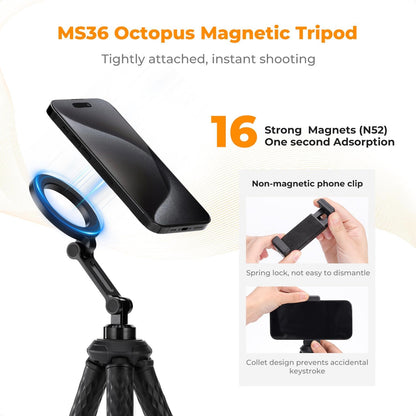 K&F Concept Flexible Tripod, Magnetic Flexible Phone Stand with Wireless Remote, Mini Vlogging Tripod for Magsafe iPhone 16 Pro Max/15/14/13/12 All Phones and Actions Camera.